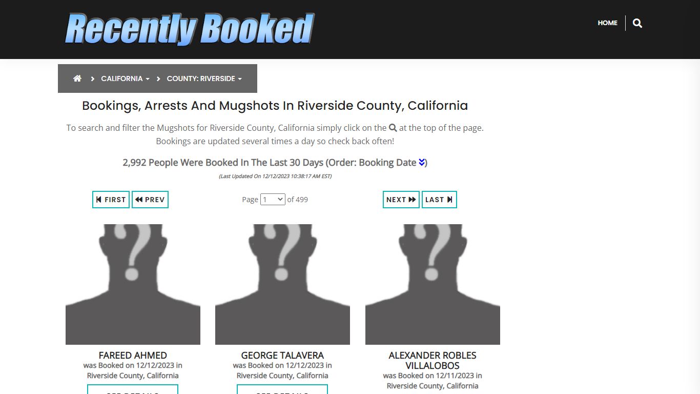 Bookings, Arrests and Mugshots in Riverside County, California